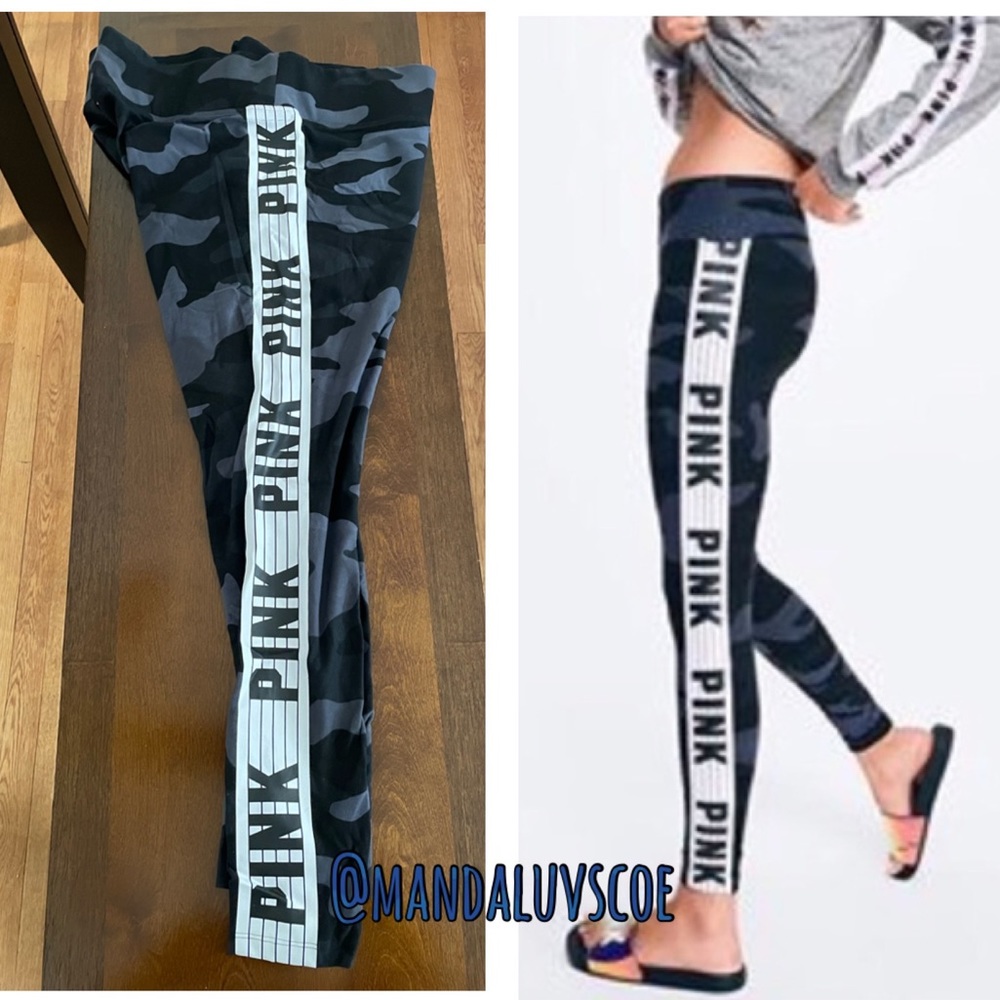 NWOT💗VS PINK BLUE CAMO & WHITE SIDE STRIPE LOGO LEGGINGS